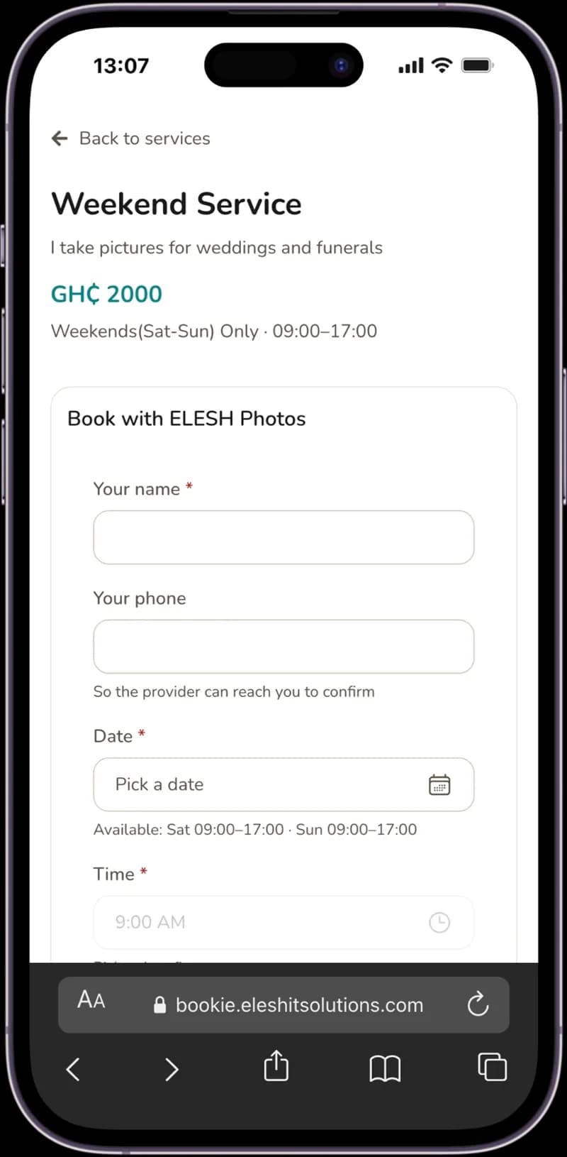 Client booking form on a provider page
